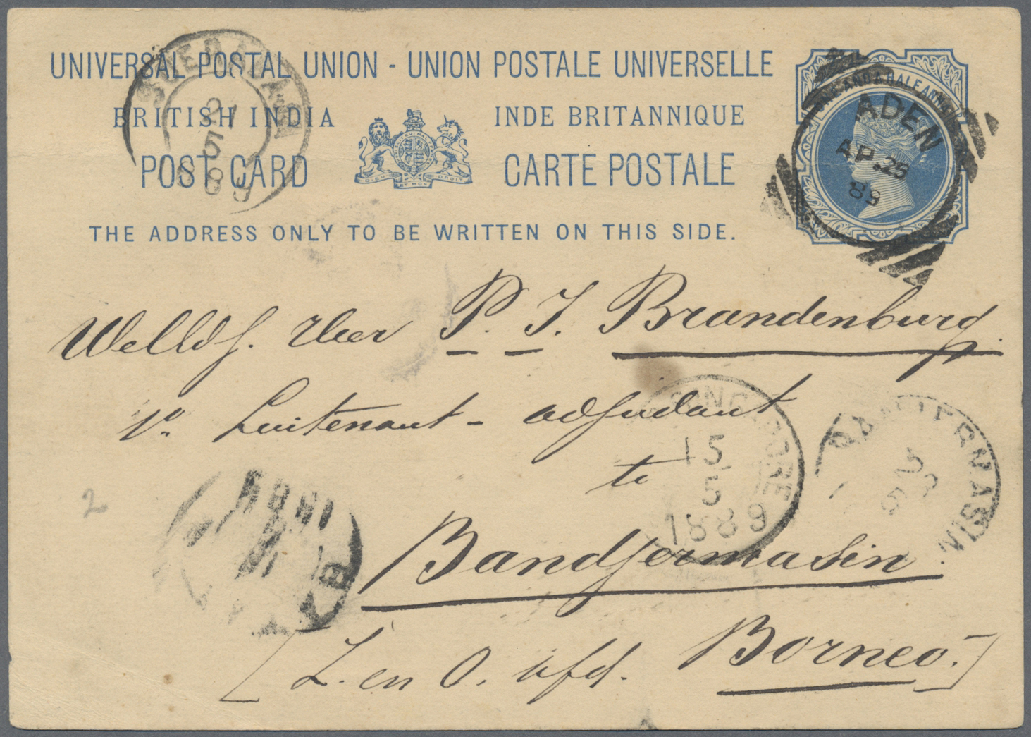 GA Indien - Used Abroad: ADEN 1889 - Destination BORNEO: Indian Postal Stationery Card 1½a. Blue Sent From ADEN To A Lie - Autres & Non Classés