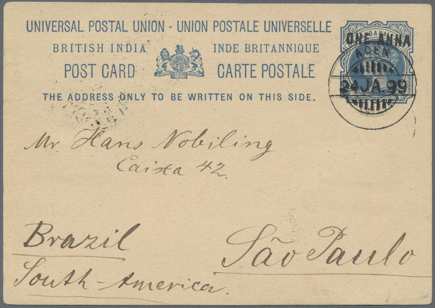 GA Indien - Used Abroad: ADEN 1899 - Destination BRAZIL: Indian P/s Card 1a. On 1½a. Blue From Aden To SAO PAULO, Brazil - Autres & Non Classés