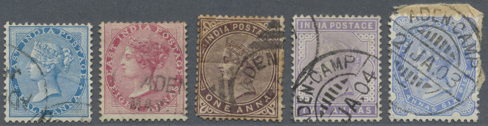 Br/O Indien - Used Abroad: ADEN-CAMP 1860's/1934: Five Indian QV Stamps Cancelled By Aden-Camp Or Aden Datestamps, 1924 - Other & Unclassified