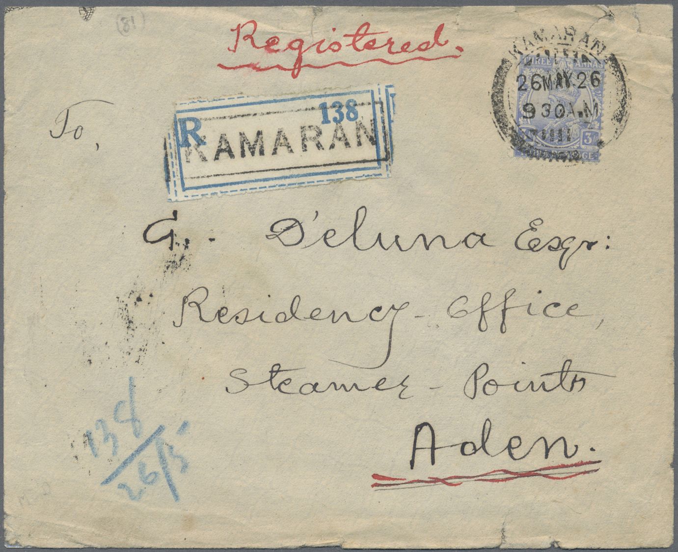 Br Indien - Used Abroad: ADEN-KAMARAN ISLAND 1926: Registered Cover From Kamaran To Residency-Office, Steamer-Points, Ad - Other & Unclassified