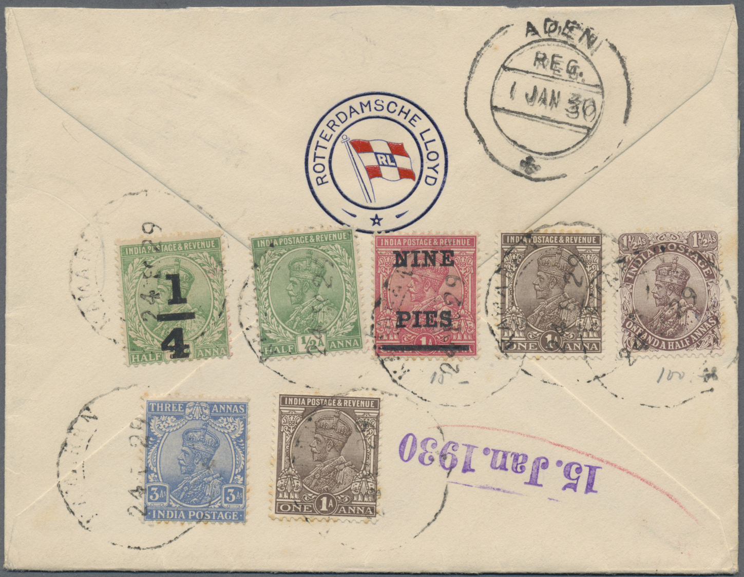 Br Indien - Used Abroad: ADEN-KAMARAN ISLAND 1929: Registered Cover To Amsterdam, Holland, (printed Rotterdamsche Lloyd - Autres & Non Classés