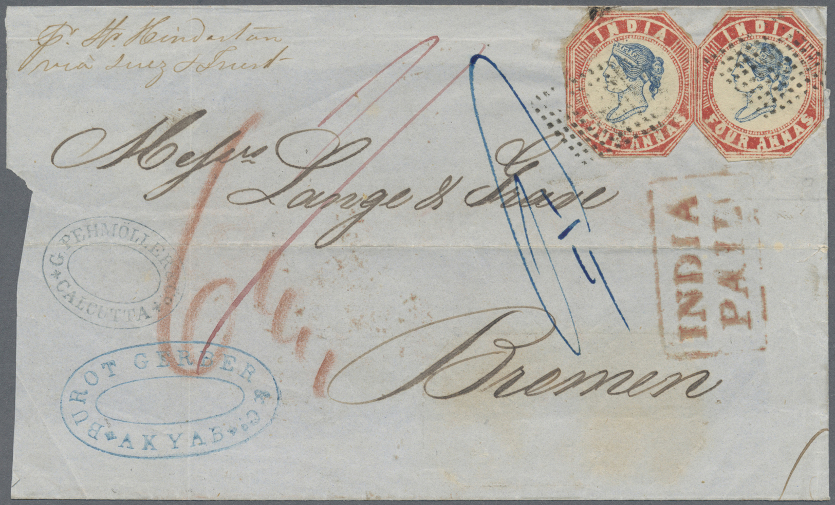 /Br Indien - Used Abroad: BURMA 1854-55 Two Singles Of Lithographed 4a. Blue & Red From 4th Printing On Part Cover (fron - Other & Unclassified