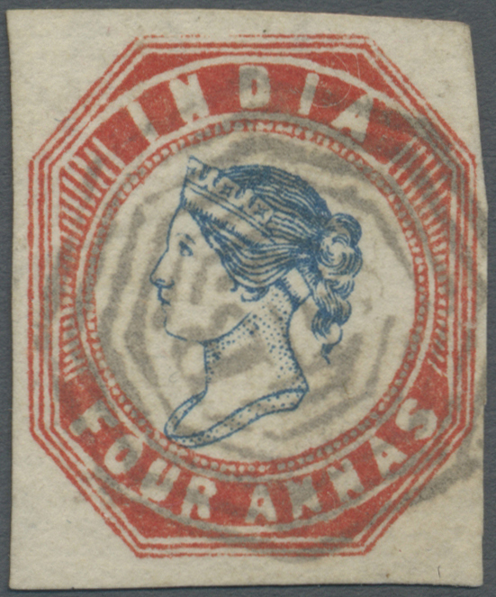 O Indien - Used Abroad: 1854-55 BURMA: Indian Lithographed 4a. Blue & Red, 4th Printing, Sheet Pos. 3, Used In AKYAB And - Autres & Non Classés