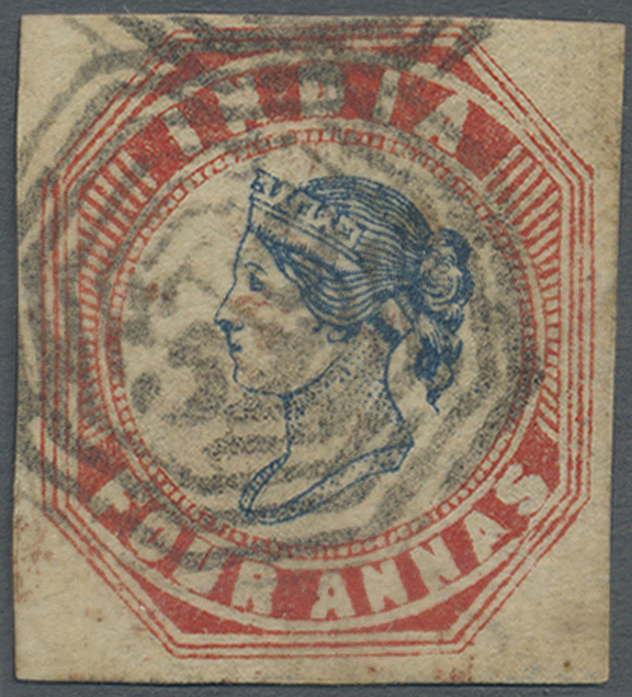 O Indien - Used Abroad: BURMA 1854-55: Indian Lithographed 4a. Blue & Red From The 5th Printing, Sheet Pos. 1, Used In A - Other & Unclassified