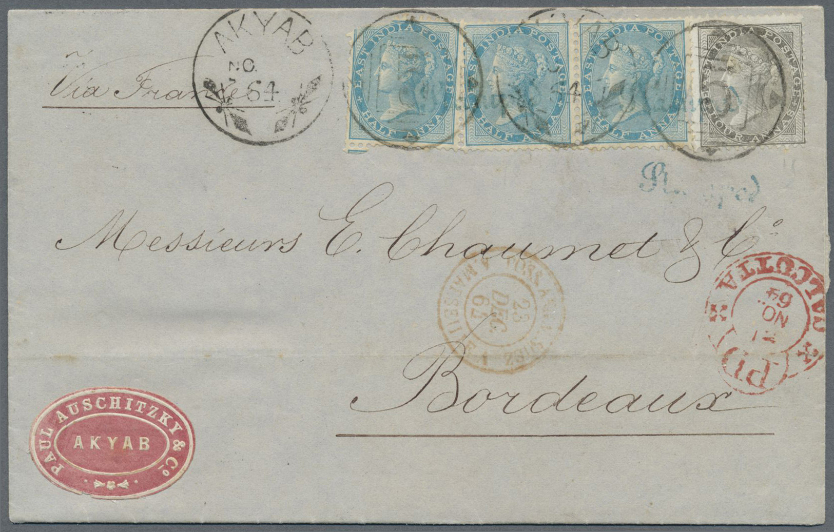 Br Indien - Used Abroad: BURMA 1864: Entire Letter From AKYAB To Bordeaux Via Calcutta And Marseilles, Franked By QV 4a. - Other & Unclassified