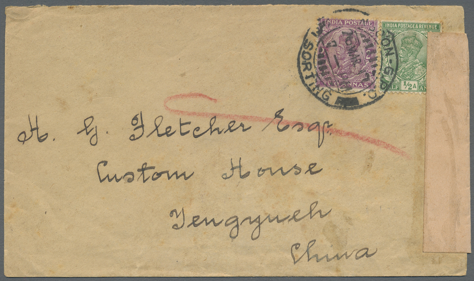 Br Indien - Used Abroad: BURMA, 1917. Envelope Addressed To 'H. Fletcher, Customs House, Tengyueh, China' Bearing India - Other & Unclassified