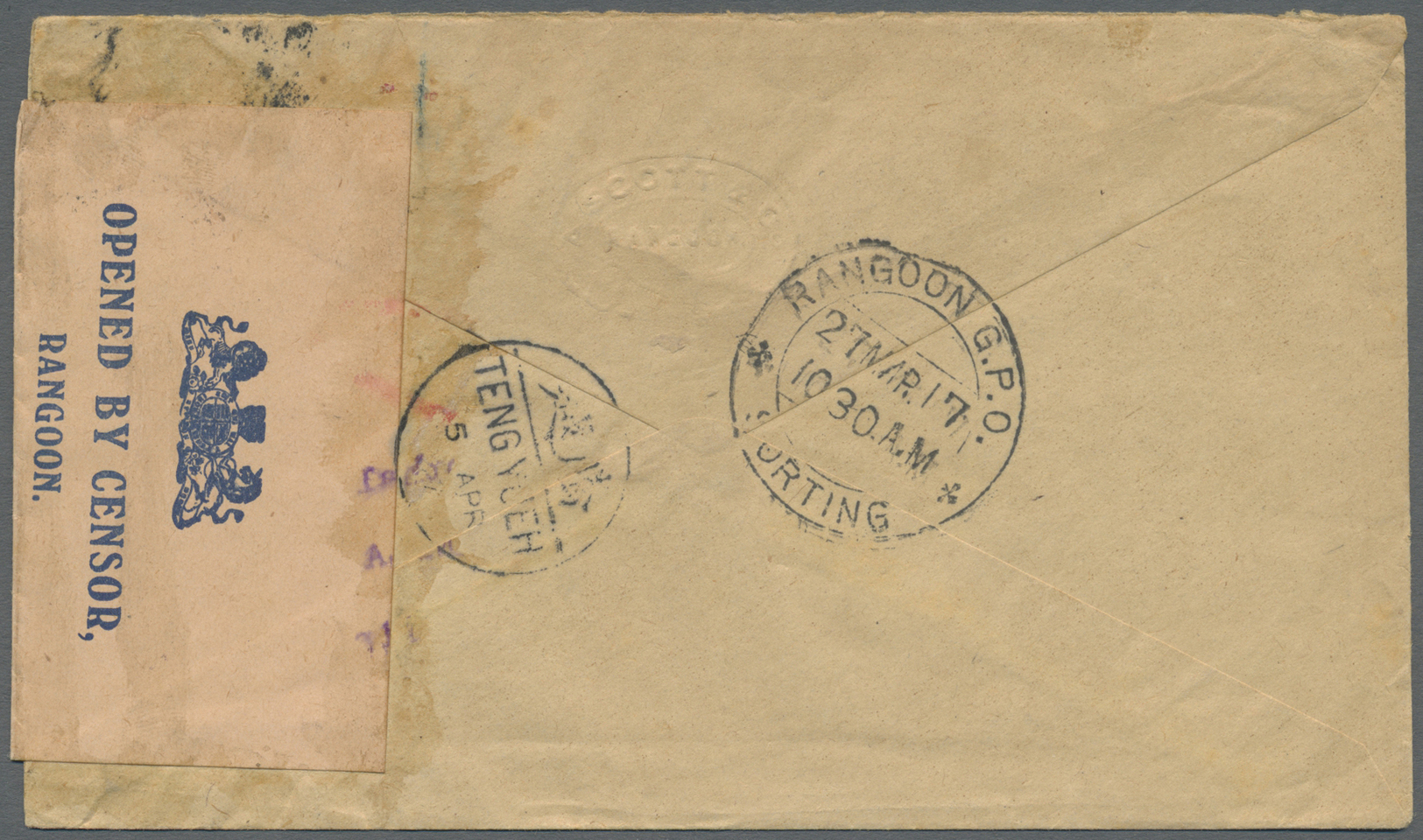 Br Indien - Used Abroad: BURMA, 1917. Envelope Addressed To 'H. Fletcher, Customs House, Tengyueh, China' Bearing India - Other & Unclassified