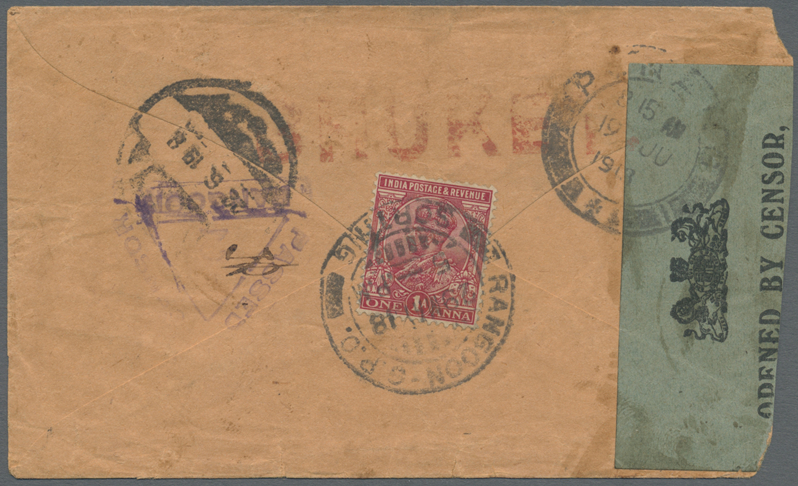 Br Indien - Used Abroad: BURMA, 1918. Censored Envelope Addressed To Siam Bearing India SG 160, 1a Carmine Tied By Rango - Autres & Non Classés