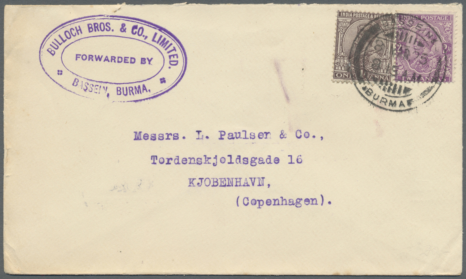 Br Indien - Used Abroad: 1925 BURMA: Forwarded Cover From Bassein To Copenhagen, Denmark Franked With India KGV. 2a. And - Autres & Non Classés