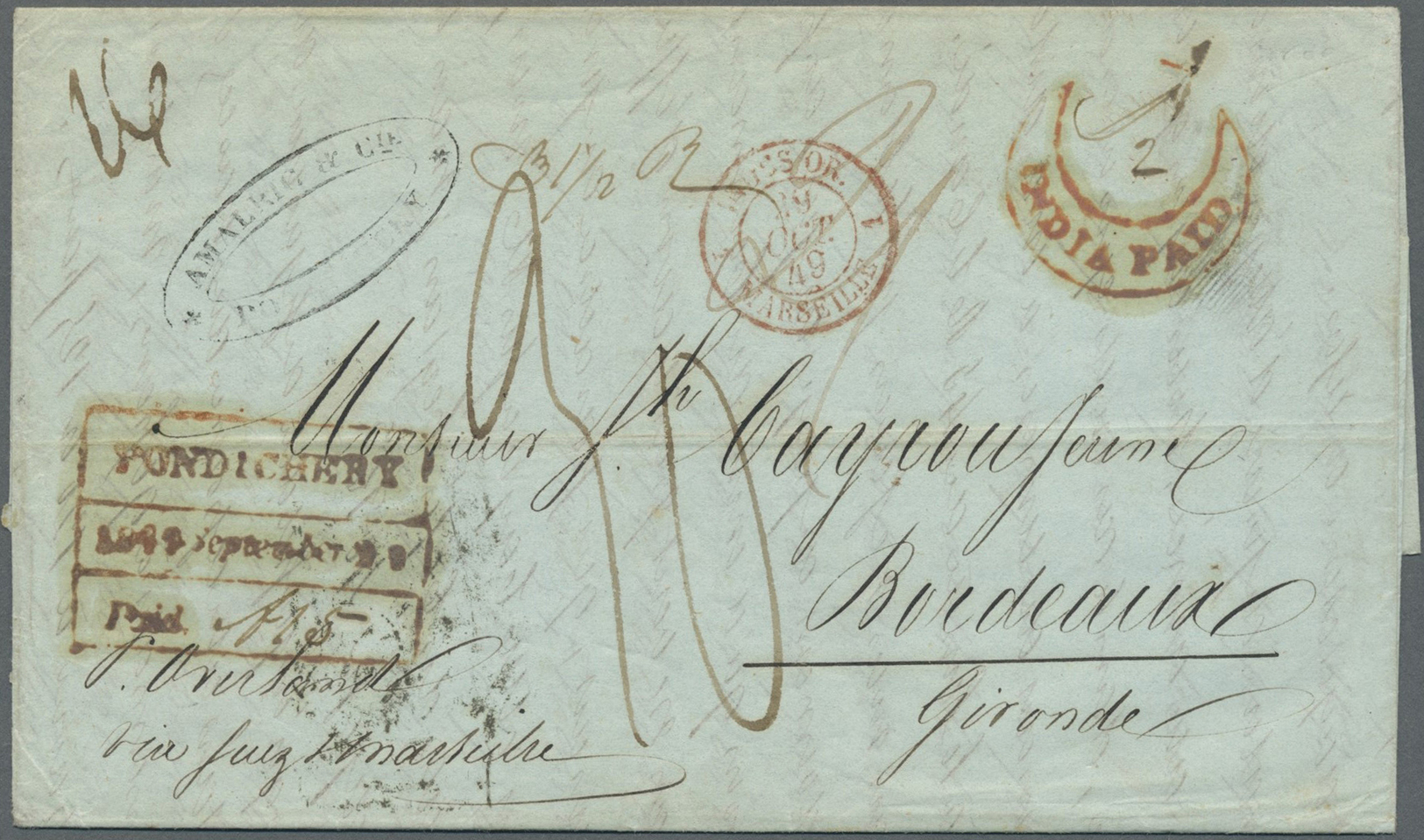 Br Indien - Used Abroad: FRENCH INDIA 1841/1849: Two Entire Letters From PONDICHERRY To Bordeaux Bearing Different Pondi - Autres & Non Classés