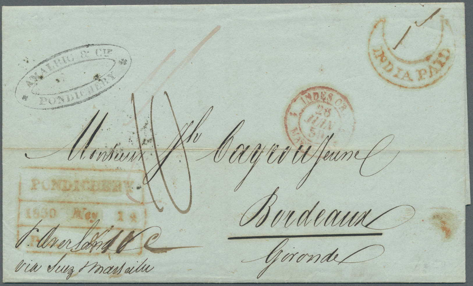 Br Indien - Used Abroad: FRENCH INDIA 1841/1850: Two Entire Letters From PONDICHERRY To Bordeaux Bearing Different Pondi - Other & Unclassified