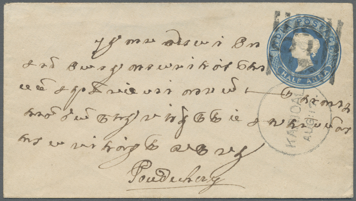 GA Indien - Used Abroad: 1870's: Scarce "KARICAL/AUG: 17"-"6/M-21" Duplex Datestamp On QV Postal Stationery Envelope ½a. - Autres & Non Classés