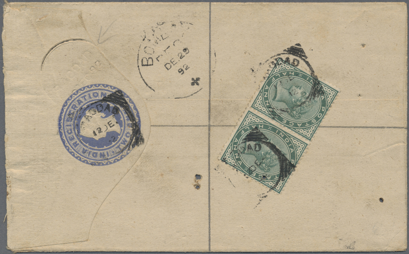 GA Indien - Used Abroad: IRAQ 1892: Indian QV Postal Stationery Registered Envelope 2a. Blue, Uprated ½a. Pair, Sent Fro - Autres & Non Classés