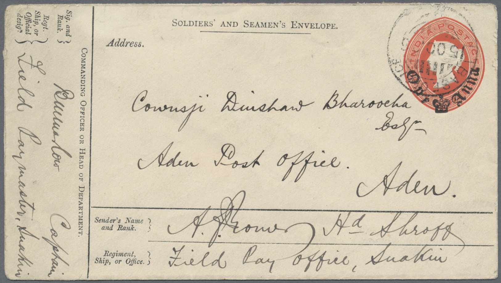 GA Indien - Feldpost: 1896: Soldiers' & Seamen's Envelope 1a. On 9p. Used From Suakim To ADEN, Sent From A Member Of The - Military Service Stamp