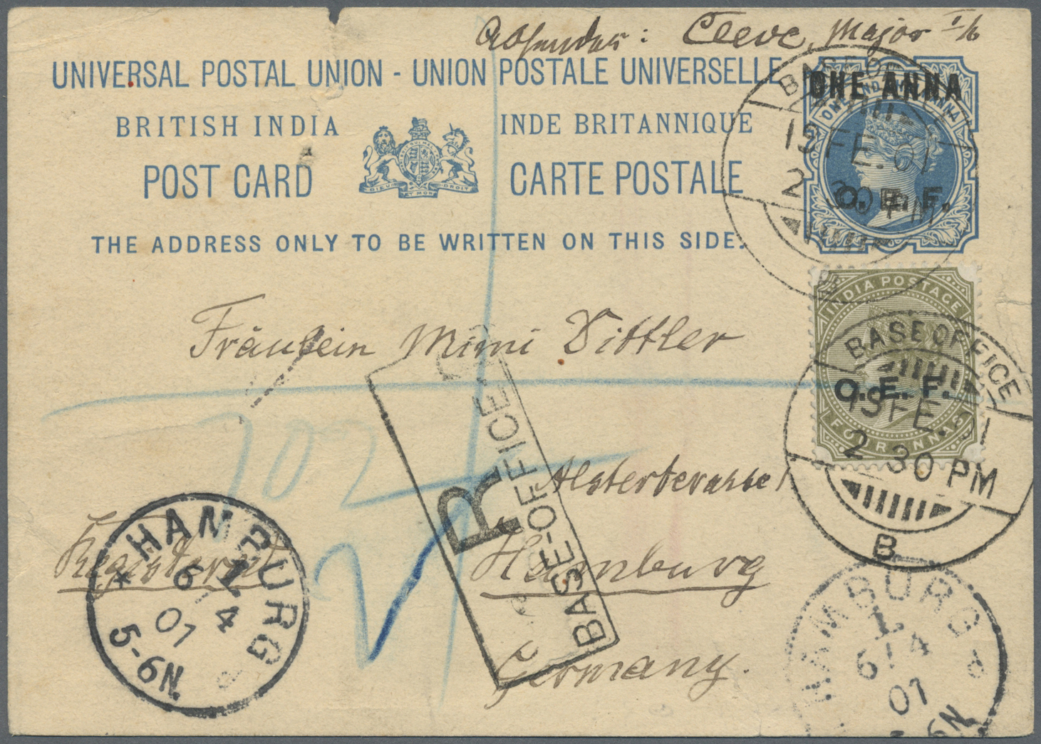 GA Indien - Feldpost: 1901. Registered C.E.F. Postal Stationery Card 'one Anna' Blue Upgraded With SG C7, 4a Olive-green - Military Service Stamp