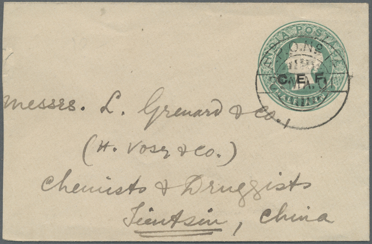 GA Indien - Feldpost: 1901. C.E.F. Postal Stationery Envelope (shortened At Left) ½a Green Addressed To Tientsin, China - Franchise Militaire