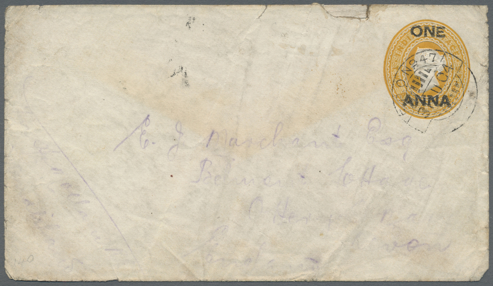 GA Indien - Feldpost: 1904. Indian Postal Stationery Envelope 'One Anna ' Yellow Addressed To Devon Cancelled By 'F.P.O. - Military Service Stamp