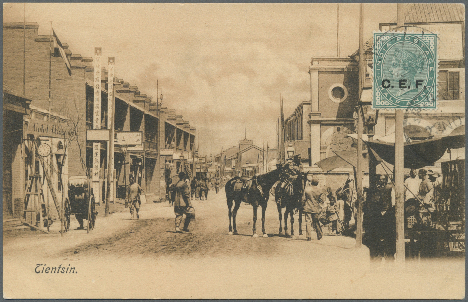 Br Indien - Feldpost: 1905. Picture Post Card Of 'Street Scene, Tientsin' Bearing C.E.F. SG C2, ½a Green Tied By F.P.O. - Military Service Stamp