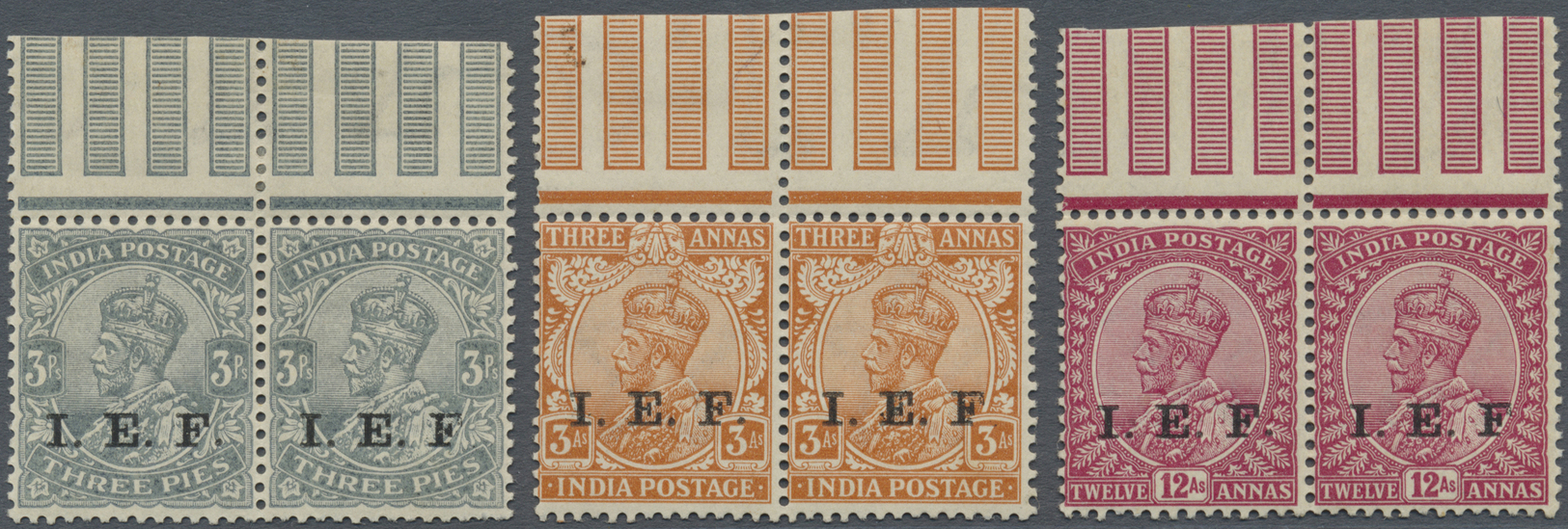 ** Indien - Feldpost: 1911 I.E.F.: Three Top Gutter Marginal Pairs Of 3p., 3a. And 12a. With Right Hand Stamp Showing 'a - Military Service Stamp
