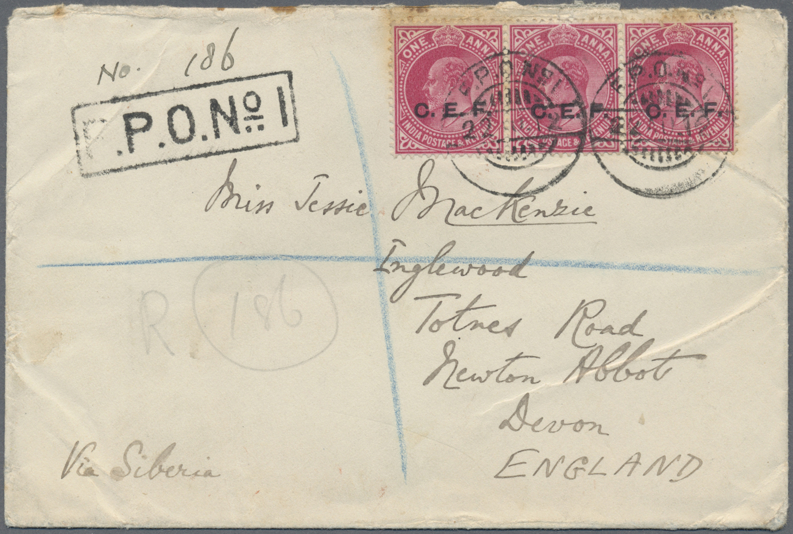 Br Indien - Feldpost: C.E.F. 1912: REGISTERED Cover (small Faults) From F.P.O. No.1 (Peking) To Newton Abbot, England Fr - Military Service Stamp