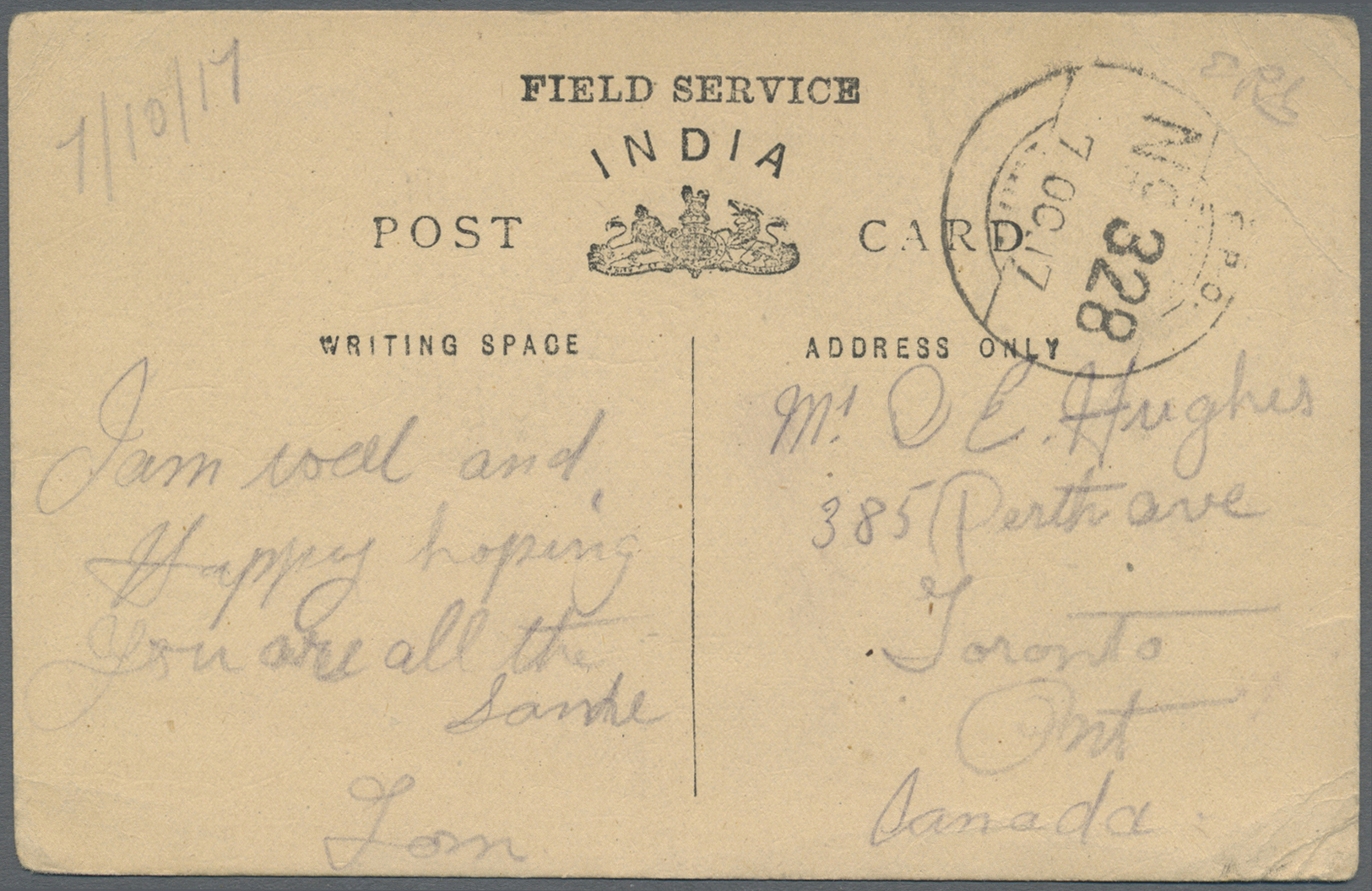 Br Indien - Feldpost: 1917 I.E.F. From IRAQ To CANADA: Indian Field Service Card Used From F.P.O. 328 (Samarra; 7th Bde. - Franchise Militaire