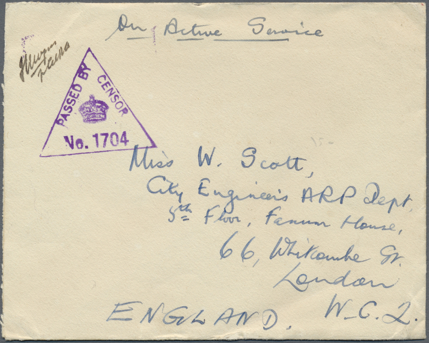 Br Indien - Feldpost: 1941. Stampless Envelope Endorsed 'On Active Service' Addressed To England Cancelled By 'F.P.O./No - Franchise Militaire