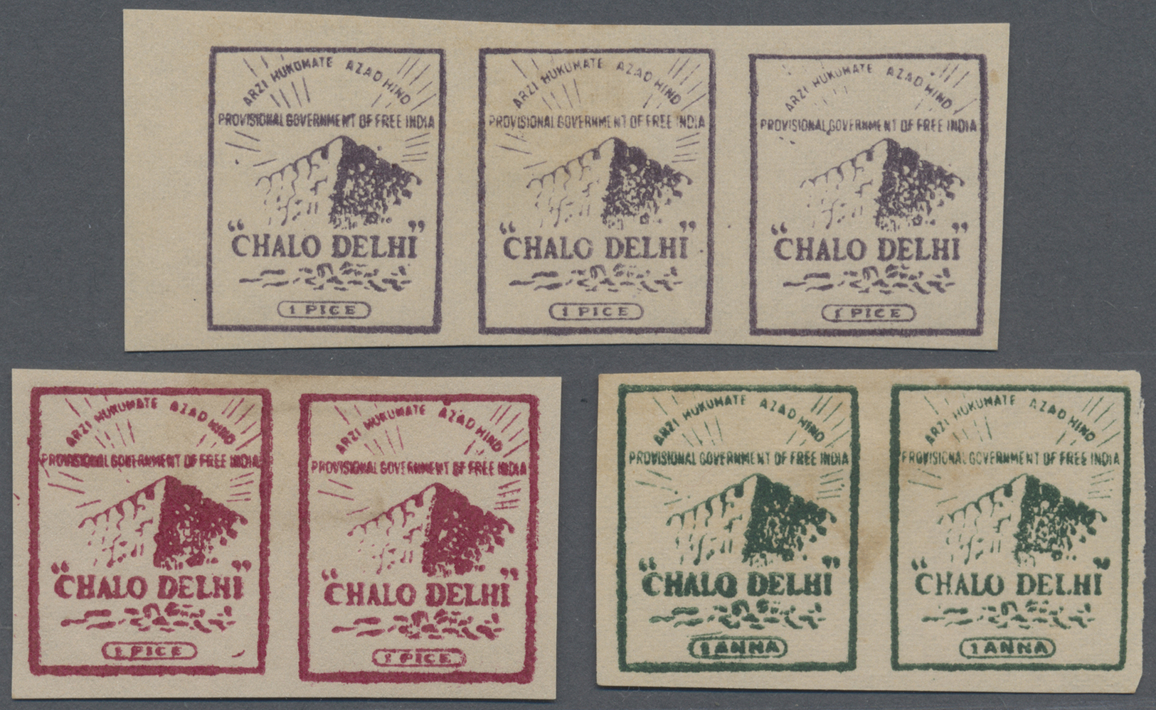 (*) Indien - Feldpost: 1944 CHALO DELHI: The Three Stamps Prepared For Use By The Indian National Army, With 1p. Violet - Franchise Militaire