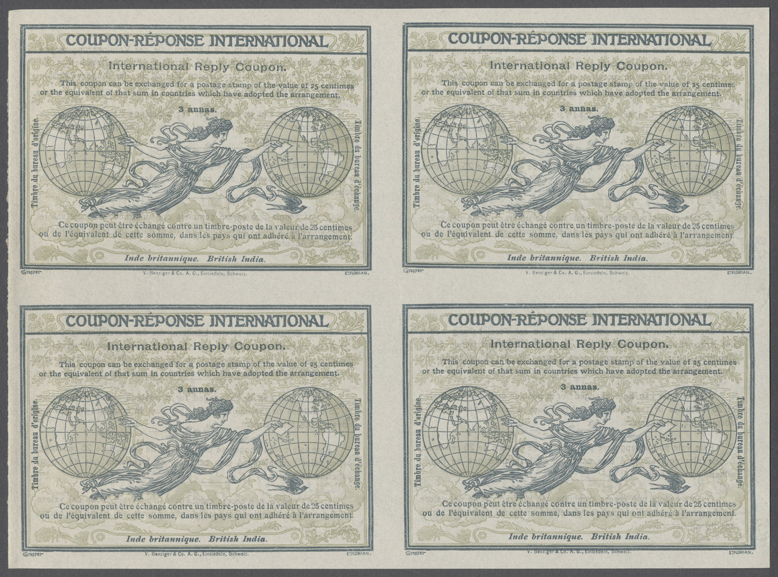 GA Indien - Ganzsachen: Design &bdquo;Rome" 1906 International Reply Coupon As Block Of Four 3 Annas British India, This - Unclassified