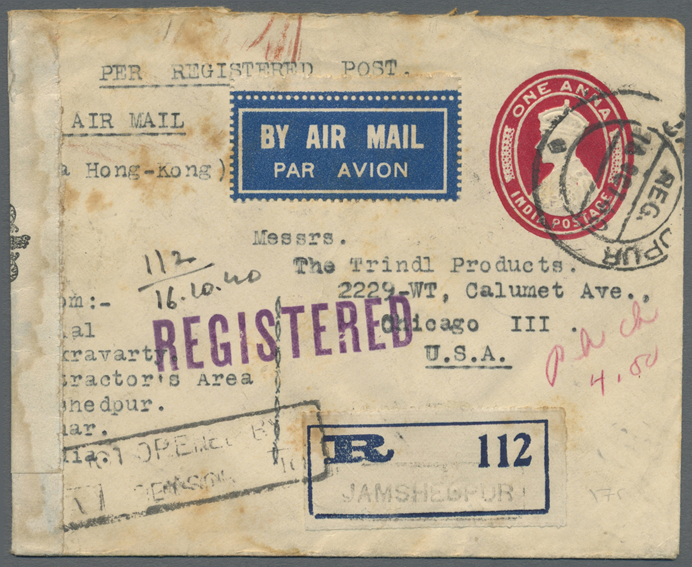 GA Indien - Ganzsachen: 1940. Registered Air Mail Postal Stationery Envelope (small Stains) 'one Anna' Carmine Upgraded - Non Classés