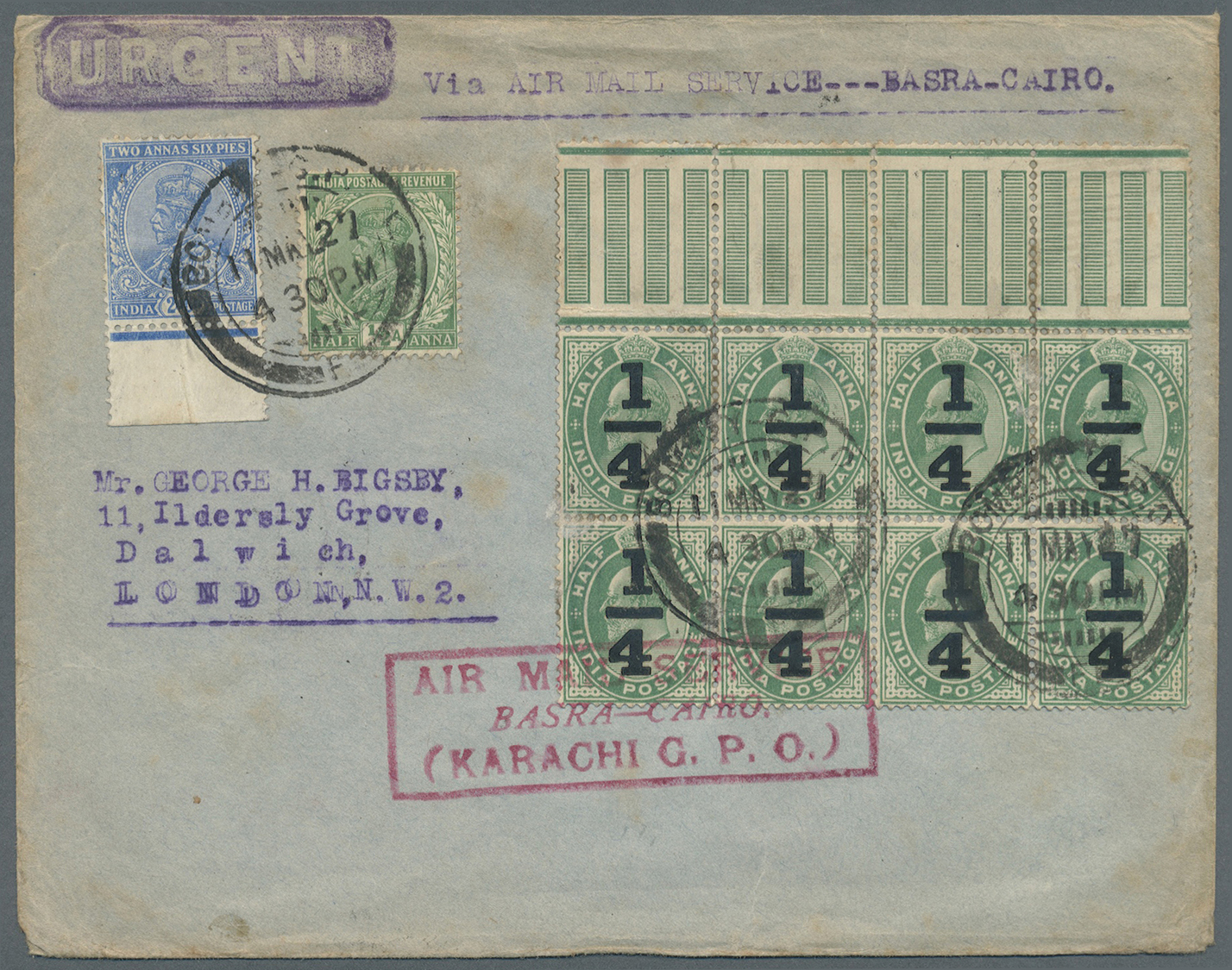 Br Indien - Flugpost: 1927. Envelope (corner Faults, Toned) Headed 'via Air Mail Service Basra-Cairo' Addressed To Londo - Luftpost