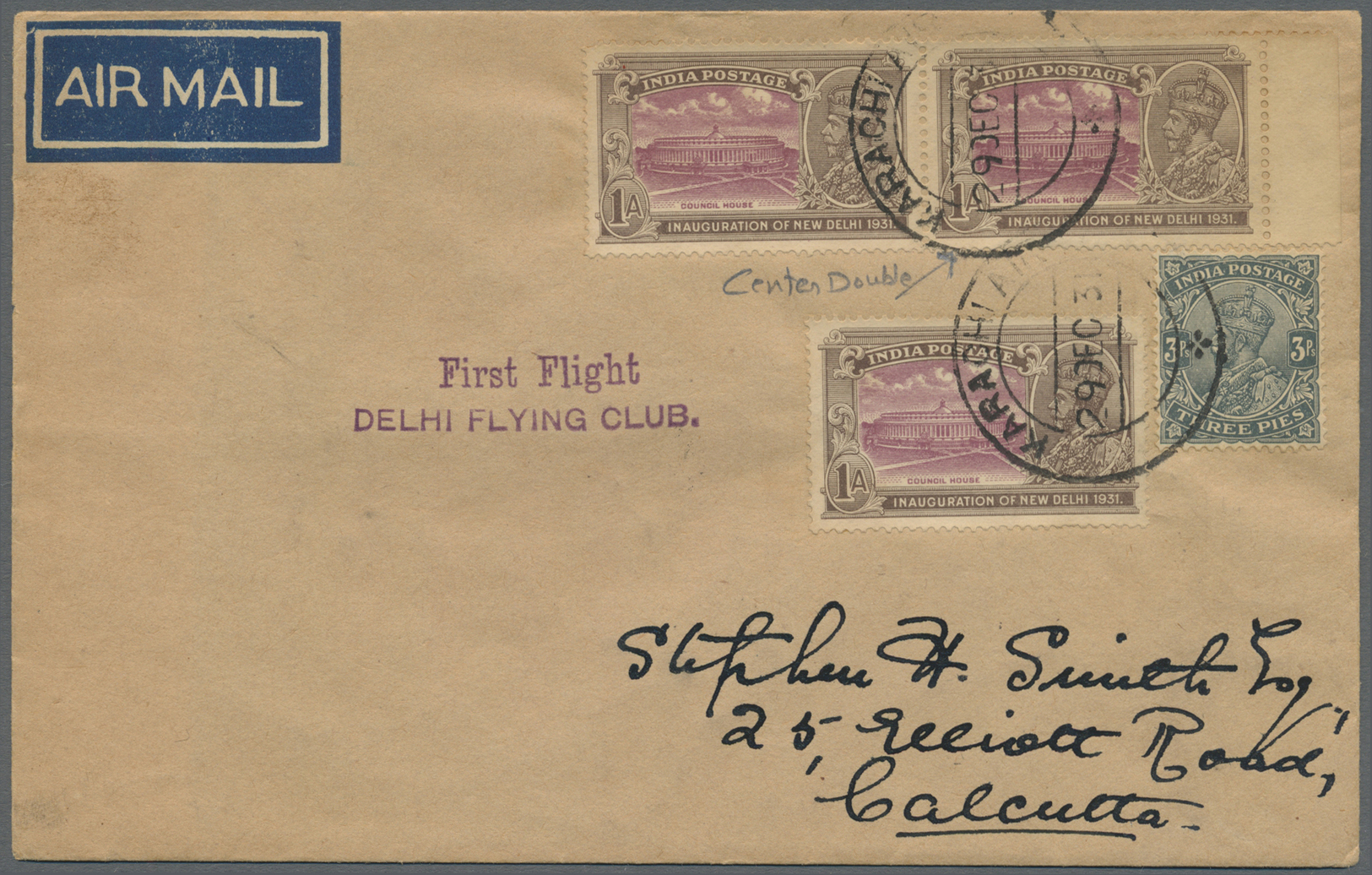 Br Indien - Flugpost: 1931 'Delhi' 1a. With CENTER DOUBLE (kiss Print) Along With A Second Stamp (light Kiss Print) As M - Poste Aérienne