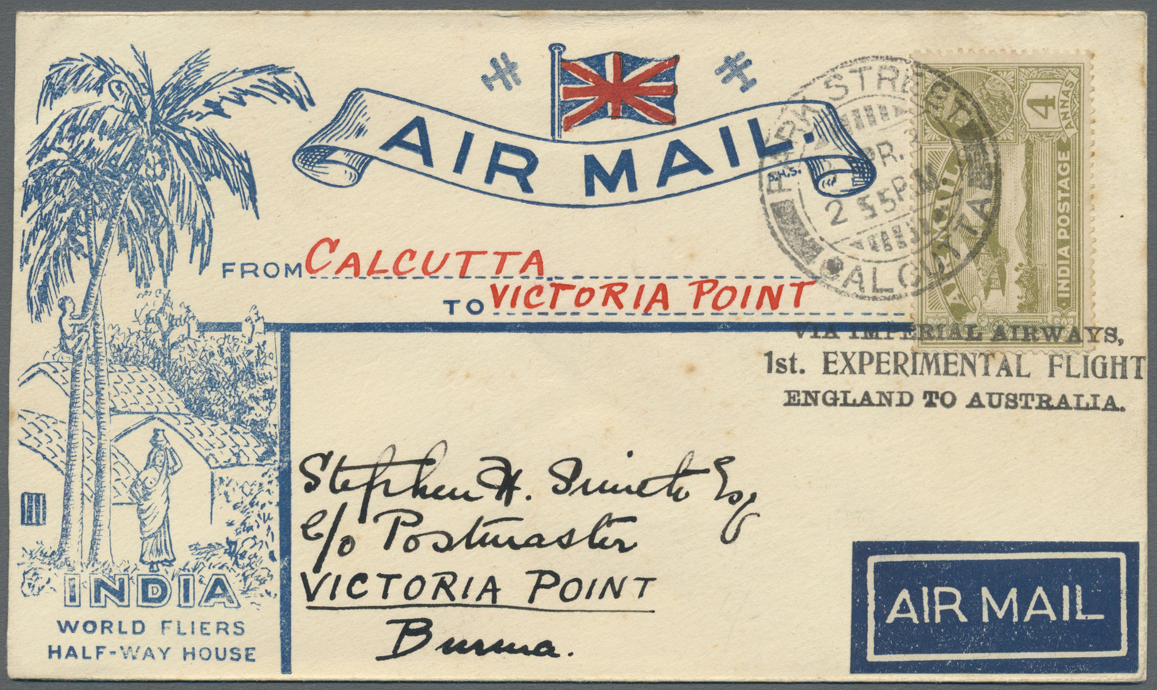 Br Indien - Flugpost: 1931. Air Mail Envelope Addressed 'c/o Postmaster, Victoria Point, Burma' Bearing Lndia SG 222, 4a - Poste Aérienne