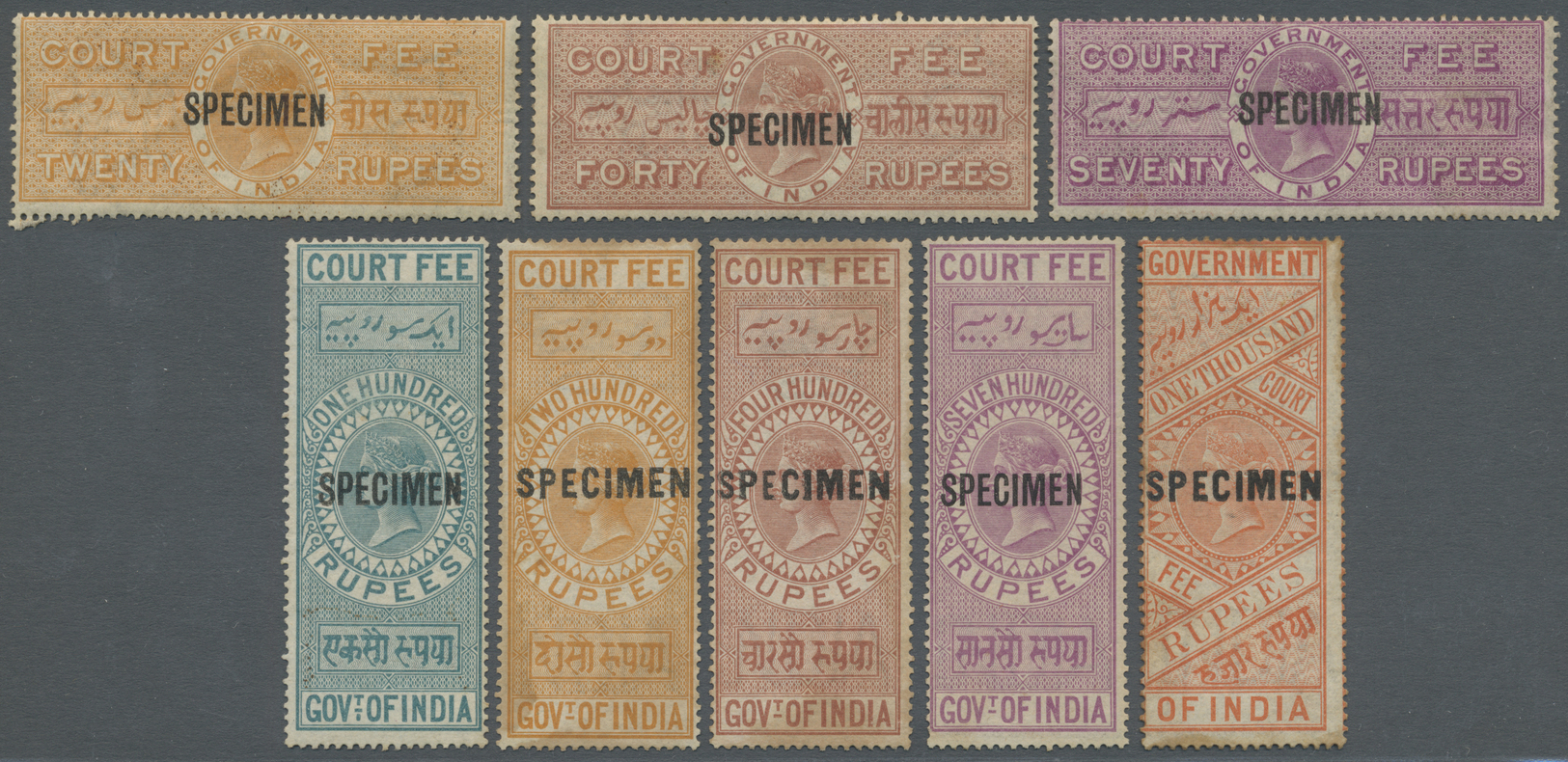 **/(*) Indien - Besonderheiten: 1872 Queen Victoria Court Fee Stamps Set Of 24 Different Up To 1000r. All Optd. "SPECIME - Autres & Non Classés