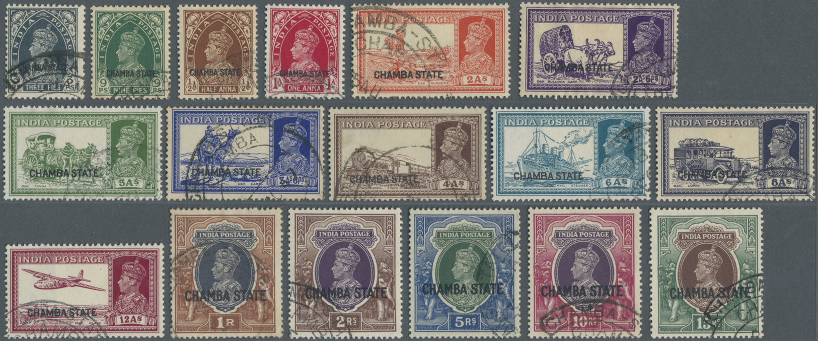 O Indien - Konventionalstaaten: CHAMBA 1938: KGVI. Ovptd. "CHAMBA STATE", Near To Complete Set To 15r. (17 Values), Used - Other & Unclassified