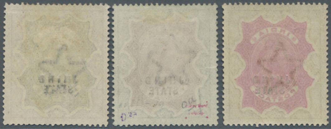 */(*) Indien - Konventionalstaaten: JIND 1886-99: QV Top Values Of 2r., 3r. And 5r. Optd. "JHIND/STATE", 3r. Unused With - Autres & Non Classés