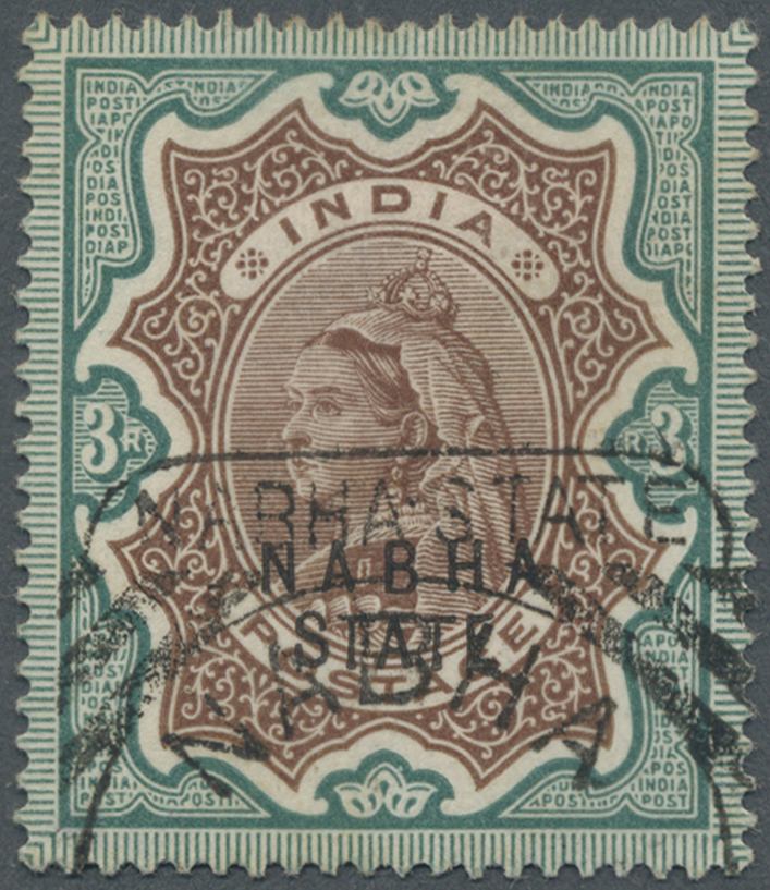 O Indien - Konventionalstaaten: NABHA 1885-1900: QV 3r. Brown & Green, Used And Cancelled By Large Squared Nabha State C - Autres & Non Classés