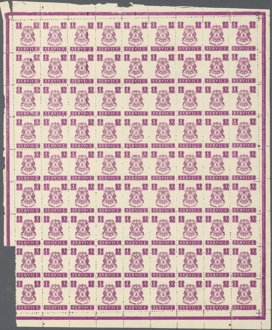 ** Indien - Feudalstaaten: BHOPAL-Official 1944-49: 1a. Purple Complete Sheet Of 81 (9x9), Mint Never Hinged, Partially - Other & Unclassified