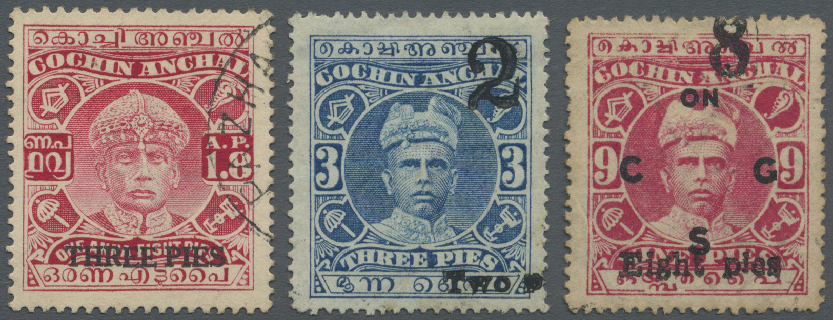 O/* Indien - Feudalstaaten: COCHIN 1922/1942: Three Interesting Stamps Overprinted, With 1922 2p. On 3p. Blue With Ovpt. - Other & Unclassified