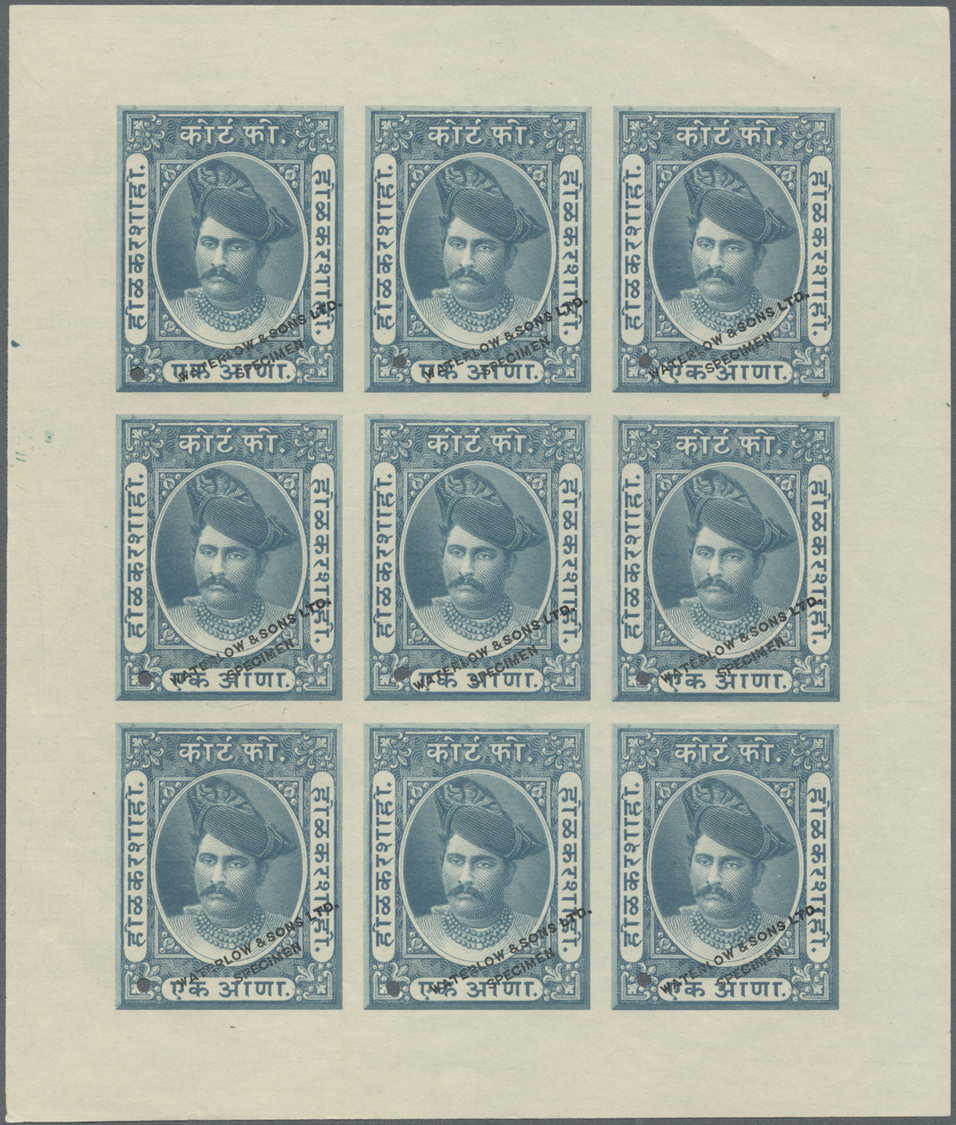 (*) Indien - Feudalstaaten: INDORE 1890: Court Fee Stamp 1a. As Waterlow Specimen In Blue, Complete Sheet Of Nine, Imper - Other & Unclassified