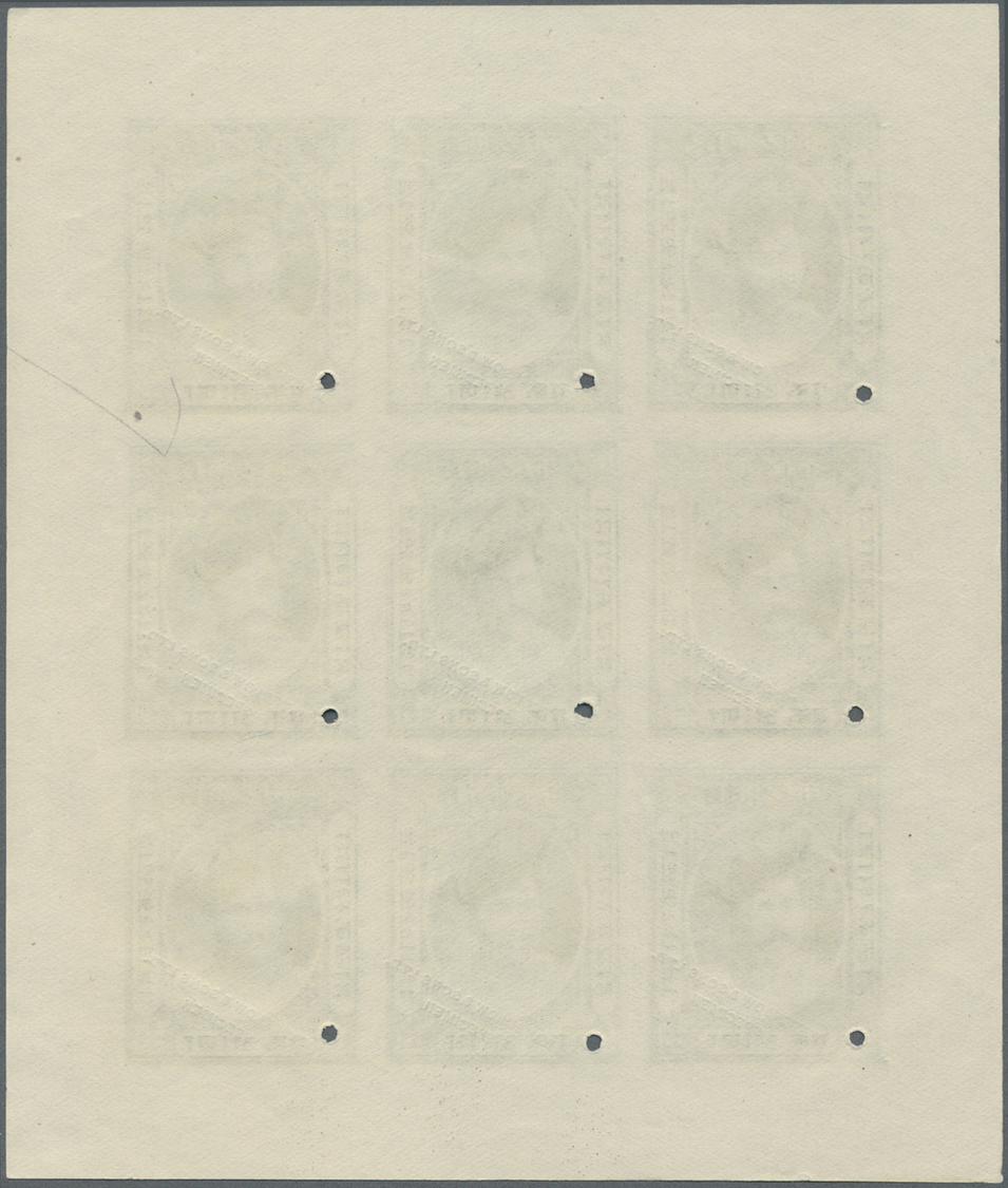 (*) Indien - Feudalstaaten: INDORE 1890: Court Fee Stamp 1a. As Waterlow Specimen In Blue, Complete Sheet Of Nine, Imper - Other & Unclassified