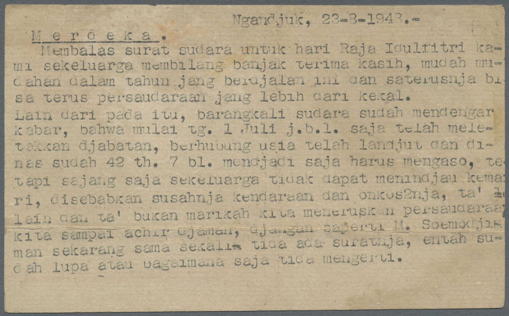 GA Indonesien - Vorläufer: 1948, Stationery Card 10 S. Brown Canc.  "NGANDJOEK 4.8.48" To Kediri, Creases And Imprint Sl - Indonésie