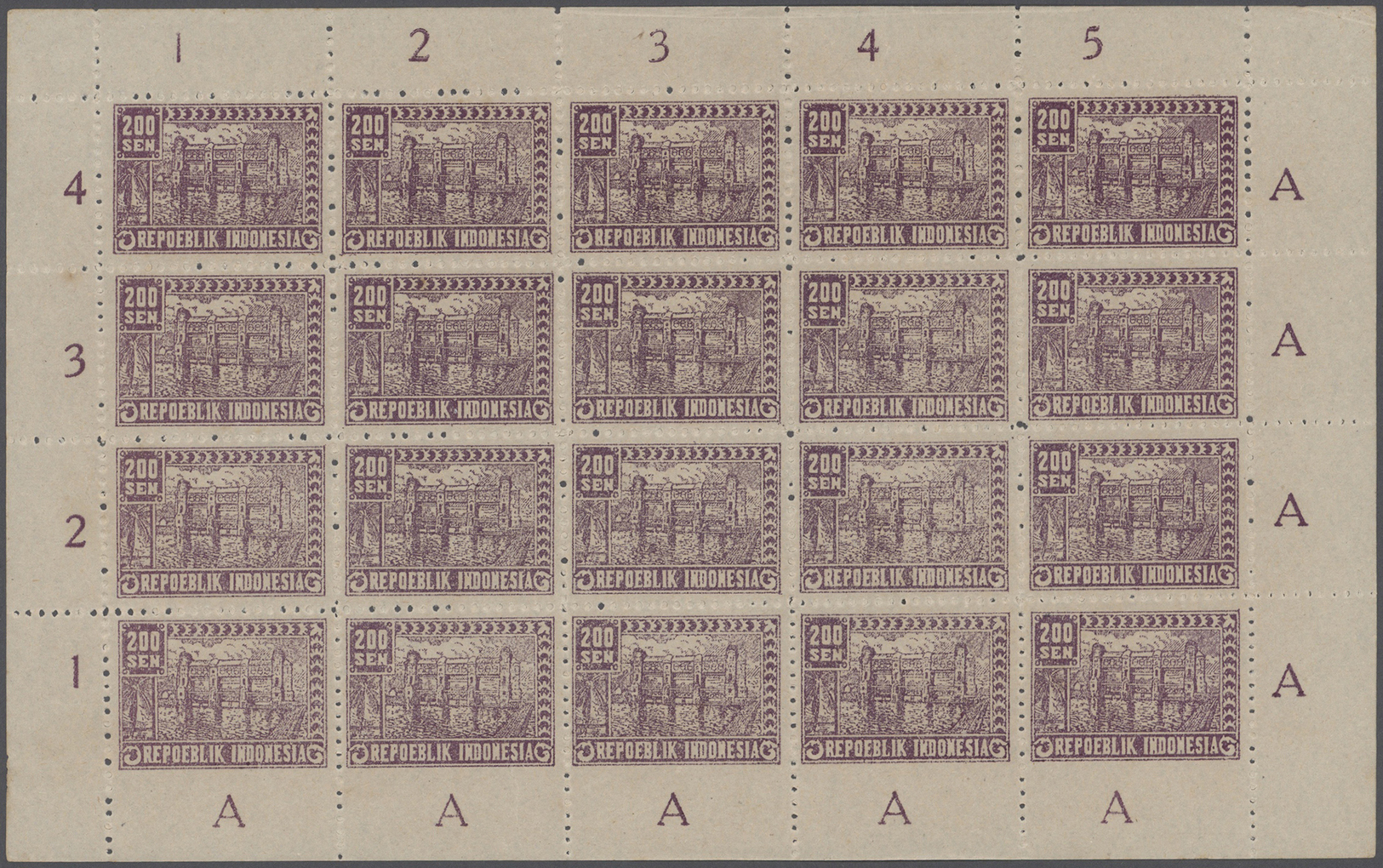 (*) Indonesien - Vorläufer: 1949, Revolution Period In Java, 200 Sen Mauve Perforated, Complete Sheet Of 20, Showing Var - Indonésie