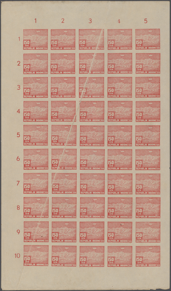 (*) Indonesien - Vorläufer: 1949, Revolution Period In Java, 150 Sen Red Imperforated, Complete Sheet Of 50, Showing Var - Indonesia