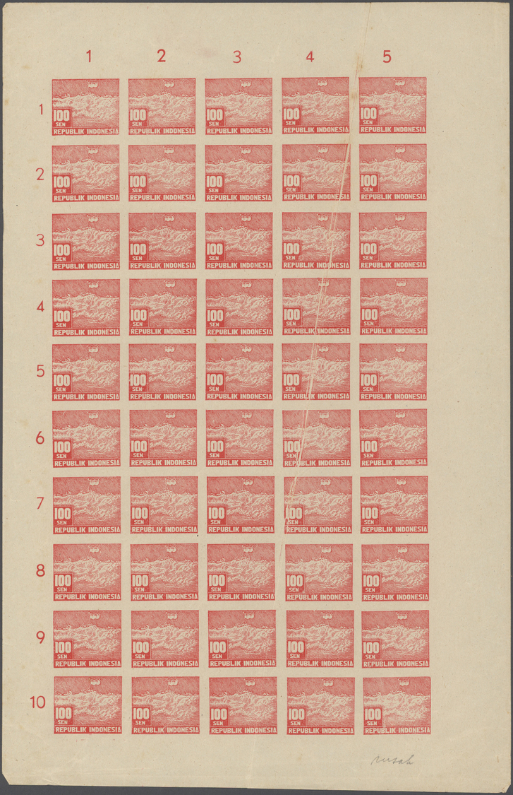 (*) Indonesien - Vorläufer: 1949, Revolution Period In Java, 100 Sen Red Imperforated, Complete Sheet Of 50, Showing Var - Indonésie