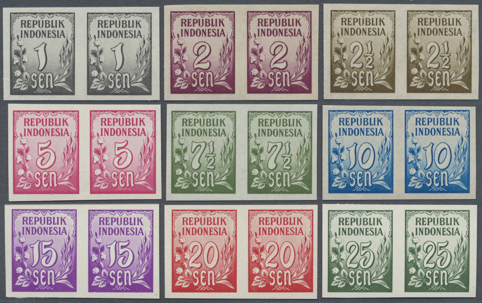 (*) Indonesien: 1951, Definitives Cipher/Cotton, 1 Sen. To 25 Sen., 9 Values As Imperf. Proofs In Horiz. Pairs, Issued D - Indonesia