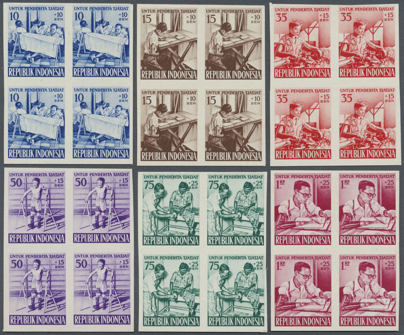 (*) Indonesien: 1957, Charity Issue In Favour Of Disabled Persons, 6 Values Complete, Imperf. Proofs In Issued Designs A - Indonésie