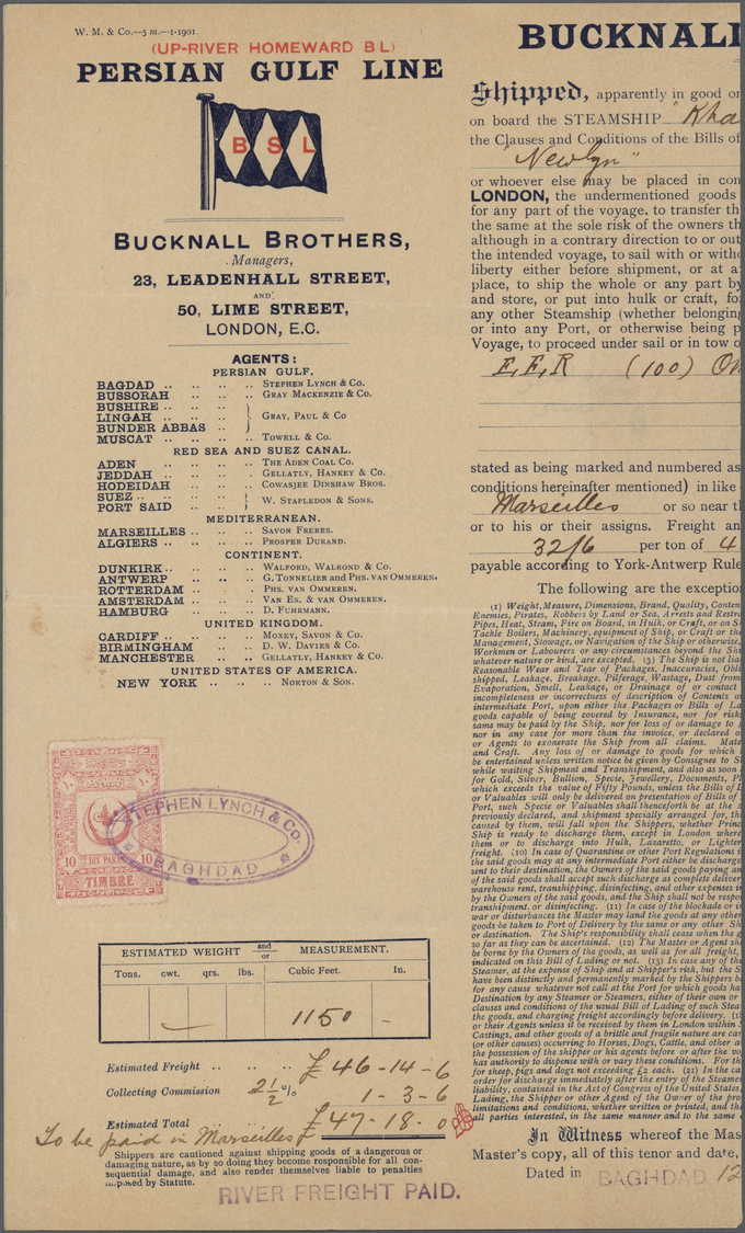 Br Irak: 1904, Two Steamship Documents Bearing Ottoman Revenue 10 Paras Rose, "EUPHRATES & TIGRIS STEAM NAVIGATION COMPA - Iraq