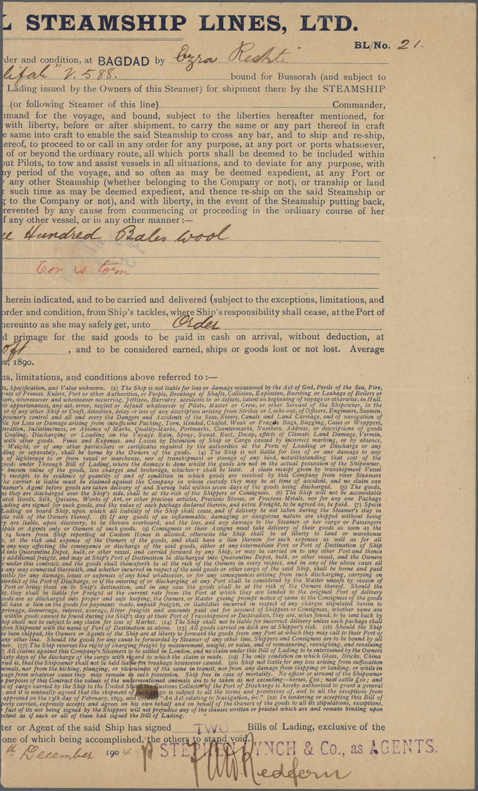 Br Irak: 1904, Two Steamship Documents Bearing Ottoman Revenue 10 Paras Rose, "EUPHRATES & TIGRIS STEAM NAVIGATION COMPA - Iraq