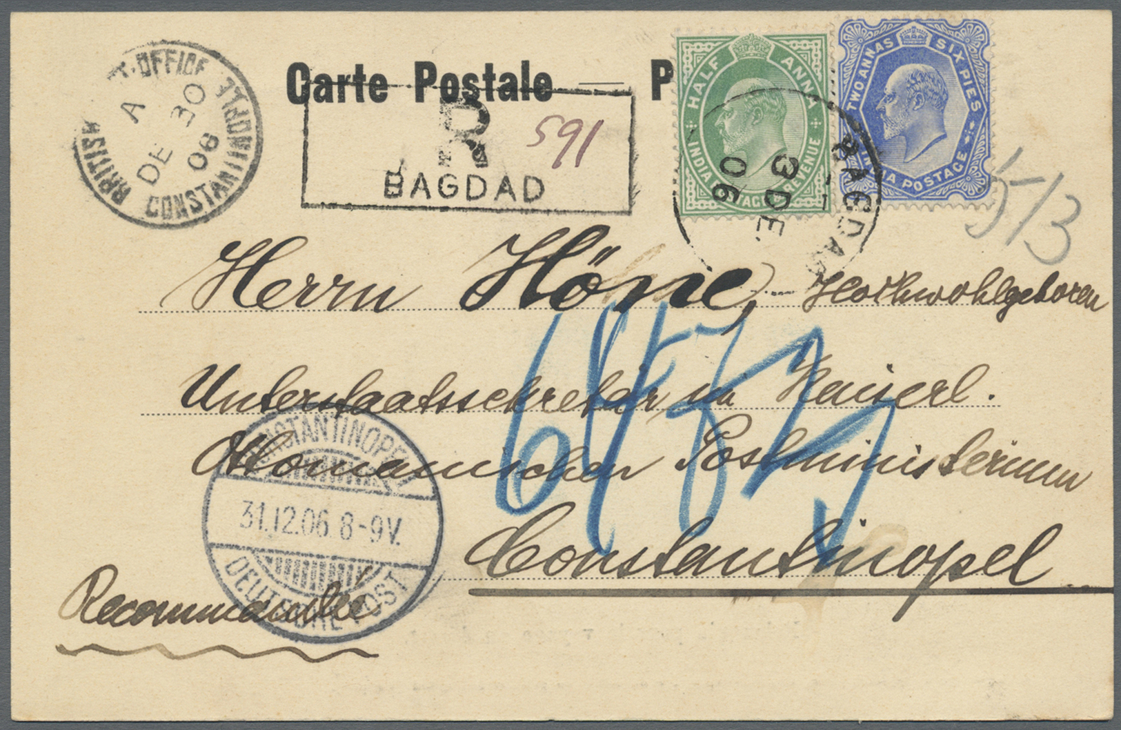 Irak: 1906, BAGDAD, Ppc "Palanquin Pour Le Voyage Au Desert" Franked With India KEVII 2a6p. Ultramarine And ½a. Green, R - Iraq