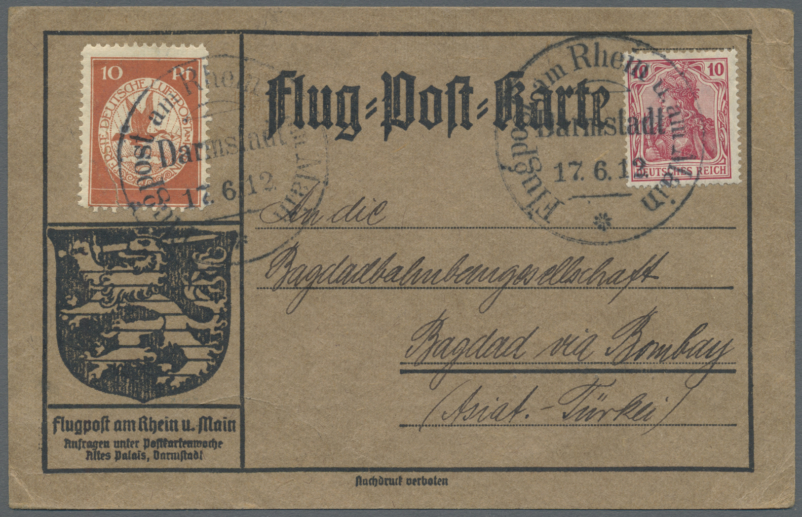 Br Irak: 1912 First German Airmail Stamp 'Flugpost Am Rhein & Main' 10pf. Vermilion In Combination With Germania 5pf. Gr - Iraq